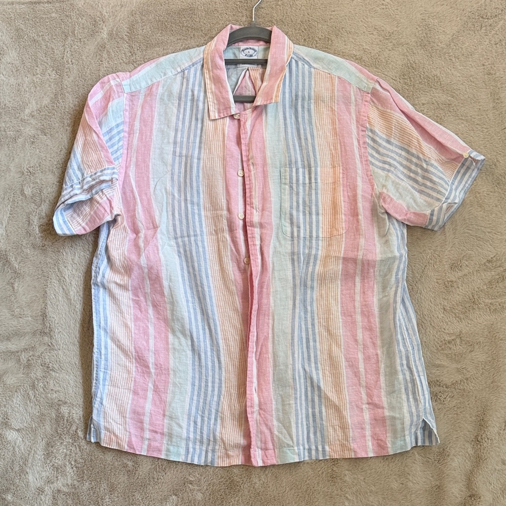 Brooks Brothers Linen Pink, Blue, and Cream Striped Shirt